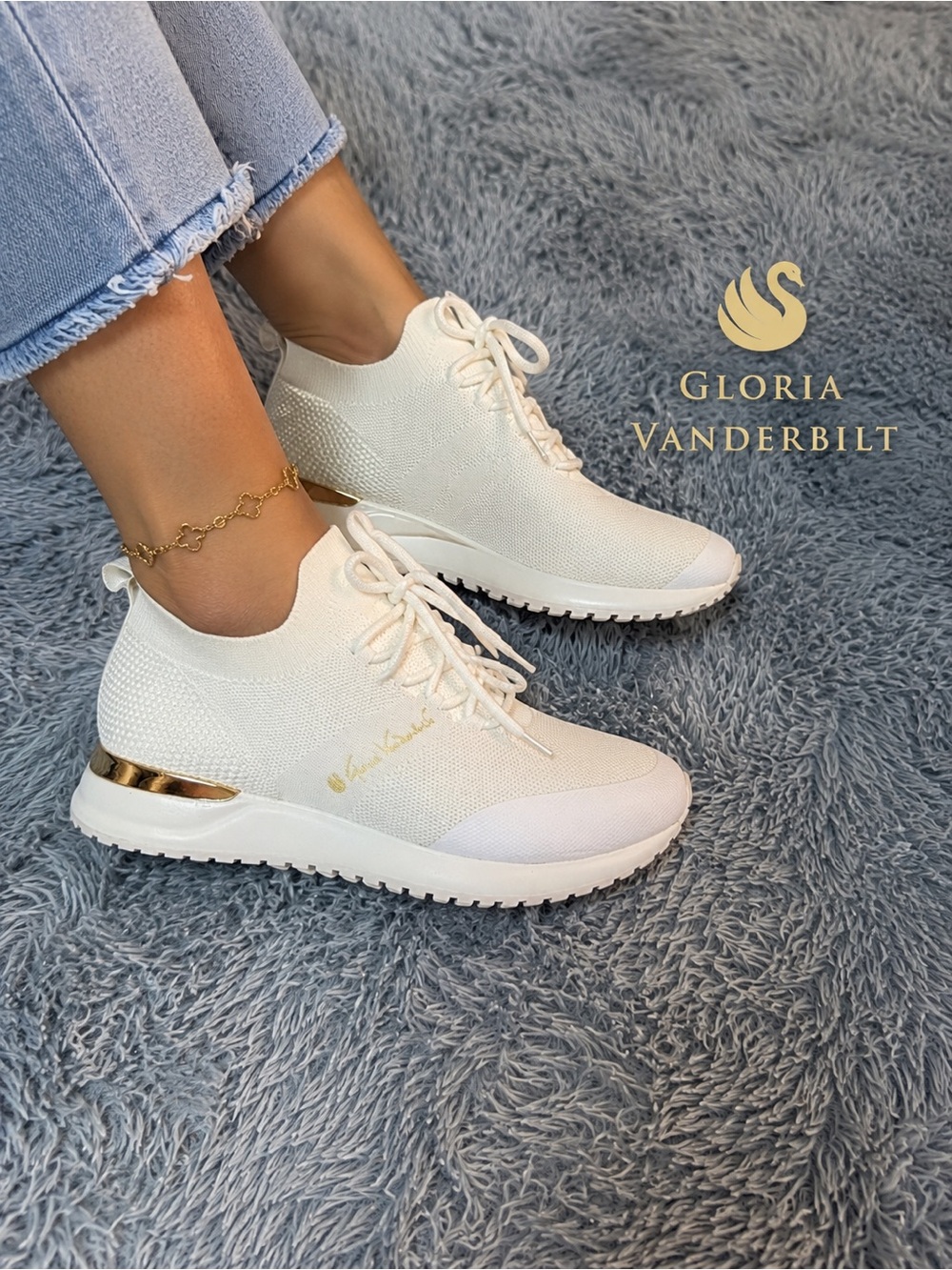 Gloria Vanderbilt Cream Knit Lace-Up Sneakers with Gold Heel Accent